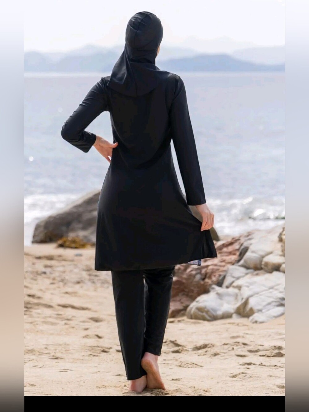 Modest Black Women's Burkini Set with Blue Patterned Sleeves - Picture 3 of 5